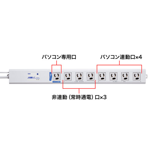 3P・8個口（パソコン用×1、連動×4、非連動×3、ライン型)・3P（変換アダプタ付き）プラグ2mコード・USB連動タップ サンワサプライ