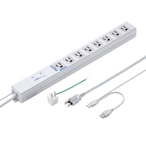 3P・8個口（パソコン用×1、連動×4、非連動×3、ライン型)・3P（変換アダプタ付き）プラグ2mコード・USB連動タップ サンワサプライ