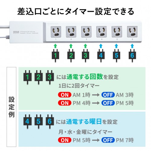 電源タップ（タイマー付き・3P・6個口・3m・トラッキング防止）