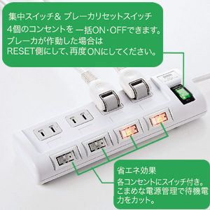 2P・4個口・2PL型2mコード・個別スイッチ・一括集中スイッチ付き省エネタップ TAP-S5 サンワサプライ