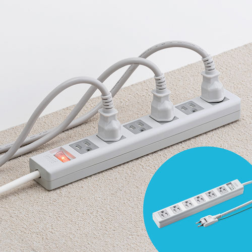 電源タップ(3P・6個口・5m・ホコリシャッター・通電ランプ・2Ｐスイングプラグ・スイッチ付き・マグネットつき)