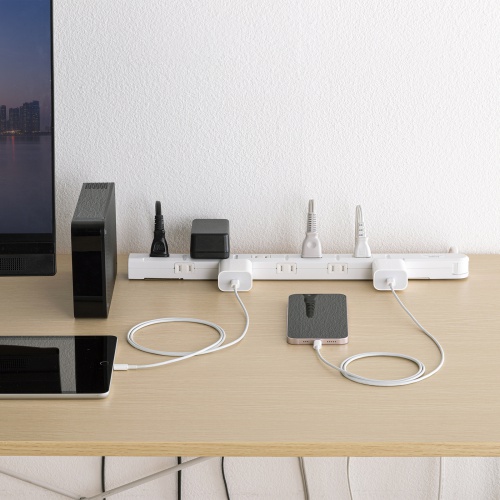 スリムタップ（2P・11個口・コードの向き変更・強力マグネット・シャッター・フック付き・1m・ホワイト）