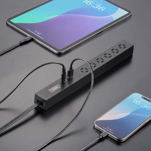 電源タップ（USB急速充電・PD33W・スリムタップ・AC6口・TypeC・縦横差し込み・1.5m・ACアダプタ対応・iPhone/iPad/スマホ/タブレット・コンセントタップ・ブラック）