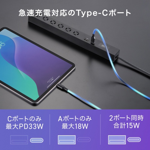電源タップ（USB急速充電・PD33W・スリムタップ・AC6口・TypeC・縦横差し込み・雷ガード・1.5m・ACアダプタ対応・iPhone/iPad/スマホ/タブレット・コンセントタップ・ブラック）