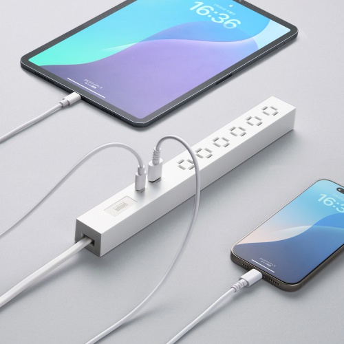 電源タップ（USB急速充電・PD33W・スリムタップ・AC6口・TypeC・縦横差し込み・1.5m・ACアダプタ対応・iPhone/iPad/スマホ/タブレット・コンセントタップ・ホワイト）