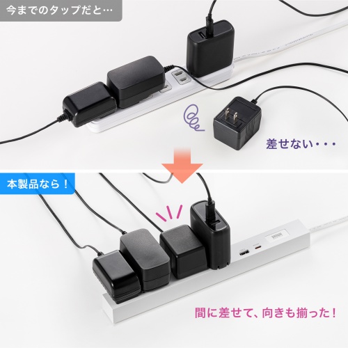 電源タップ（USB急速充電・PD33W・スリムタップ・AC6口・TypeC・縦横差し込み・1.5m・ACアダプタ対応・iPhone/iPad/スマホ/タブレット・コンセントタップ・ホワイト）