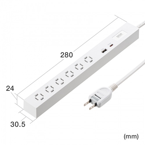 電源タップ（USB急速充電・PD33W・スリムタップ・AC6口・TypeC・縦横差し込み・3m・ACアダプタ対応・iPhone/iPad/スマホ/タブレット・コンセントタップ・ホワイト）