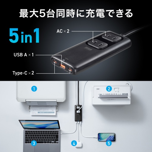 電源タップ（USB・PD100W・急速充電・GaN・1.5m・延長コード・超薄型18mm・Type-C×2・USB-A×1・AC×2個口・コンセント・L型プラグ）