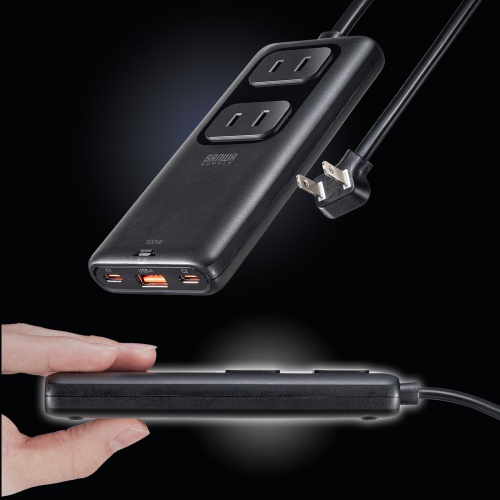 電源タップ（USB・PD100W・急速充電・GaN・1.5m・延長コード・超薄型18mm・Type-C×2・USB-A×1・AC×2個口・コンセント・L型プラグ）