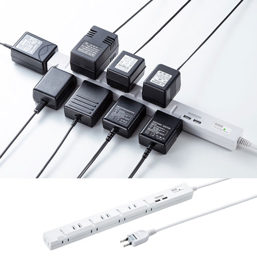 スリムタップUSB充電機能付き（2P・8個口・1m）