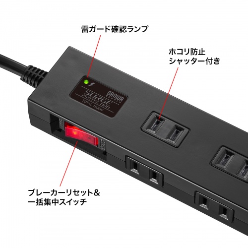 雷ガードタップ（10個口・1m・ブラック） TAP-SP2110N-1BK サンワサプライ