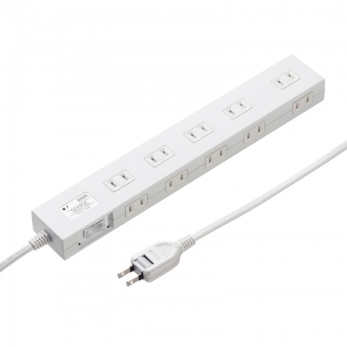 電源タップ（雷ガード内蔵・10個口・2Pプラグ・一括集中スイッチ・マグネット・シャッター付き・ACアダプタ対応・3m・ホワイト）
