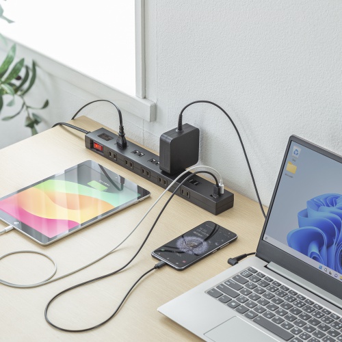 電源タップ（10個口・PD20W対応・USB充電ポート付・3m・ブラック）