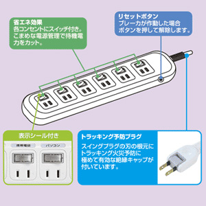 2P・6個口・2Pスイングプラグ2mコード・雷ガード・個別スイッチ付省エネタップSP TAP-SP26E サンワサプライ