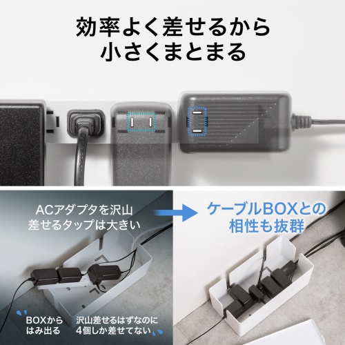 電源タップ（スリムタップ・AC4口・縦横差し込み・車輪差し・雷ガード・マグネット・2m・ACアダプタ対応・シンプルデザイン・マット調・スイングプラグ・ブラック）