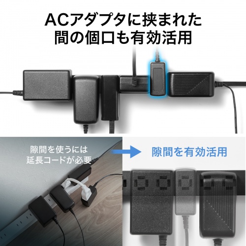 電源タップ（スリムタップ・AC4口・縦横差し込み・車輪差し・雷ガード・マグネット・2m・ACアダプタ対応・シンプルデザイン・マット調・スイングプラグ・ホワイト）