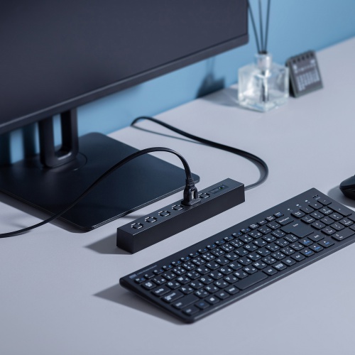 電源タップ（スリムタップ・AC6口・縦横差し込み・車輪差し・雷ガード・マグネット・2m・ACアダプタ対応・シンプルデザイン・マット調・スイングプラグ・ブラック）