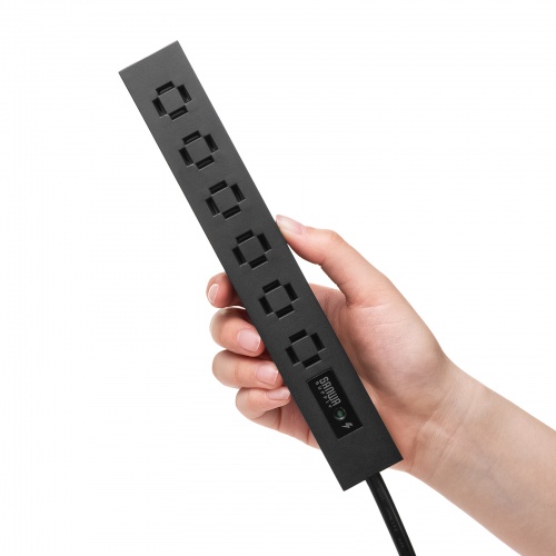 電源タップ（スリムタップ・AC6口・縦横差し込み・車輪差し・雷ガード・マグネット・2m・ACアダプタ対応・シンプルデザイン・マット調・スイングプラグ・ブラック）