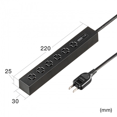 電源タップ（スリムタップ・AC6口・縦横差し込み・車輪差し・雷ガード・マグネット・2m・ACアダプタ対応・シンプルデザイン・マット調・スイングプラグ・ブラック）