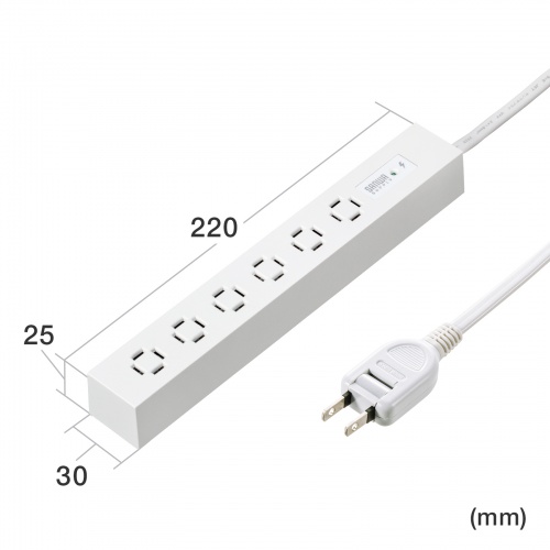 電源タップ（スリムタップ・AC6口・縦横差し込み・車輪差し・雷ガード・マグネット・2m・ACアダプタ対応・シンプルデザイン・マット調・スイングプラグ・ホワイト）