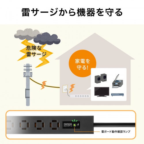 電源タップ（スリムタップ・AC8口・縦横差し込み・車輪差し・雷ガード・マグネット・2m・ACアダプタ対応・シンプルデザイン・マット調・スイングプラグ・ブラック）