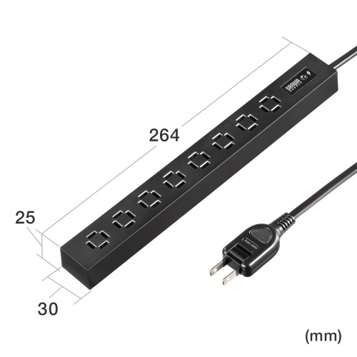 電源タップ（スリムタップ・AC8口・縦横差し込み・車輪差し・雷ガード・マグネット・2m・ACアダプタ対応・シンプルデザイン・マット調・スイングプラグ・ブラック）