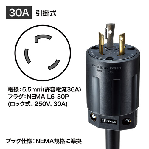 19インチサーバーラック用コンセント 200V（30A）抜け防止ロック機能