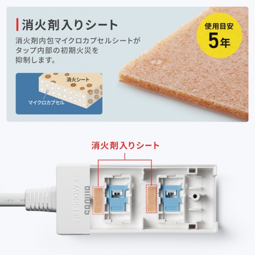 電源タップ（3個口・3m・ホワイト・火災予防・消火シート内蔵・シャッター付き・スイングプラグ）