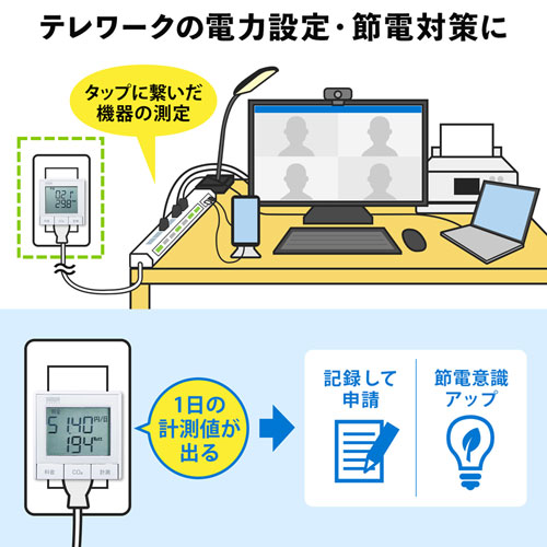 ワットモニター（USB接続・パソコンにデータ保存・2P・1個口・検電器・ホワイト）