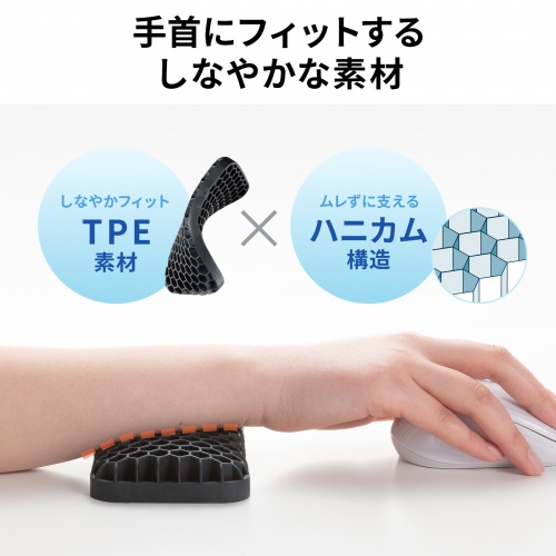 リストレスト（マウス用・ ハニカムリストレスト・Sサイズ・幅14.5cm・手首サポート・TPE・通気性・洗える・エコ・小型・ブラック）