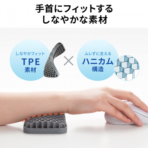 リストレスト（マウス用・ ハニカムリストレスト・Sサイズ・幅14.5cm・手首サポート・TPE・通気性・洗える・エコ・小型・グレー）