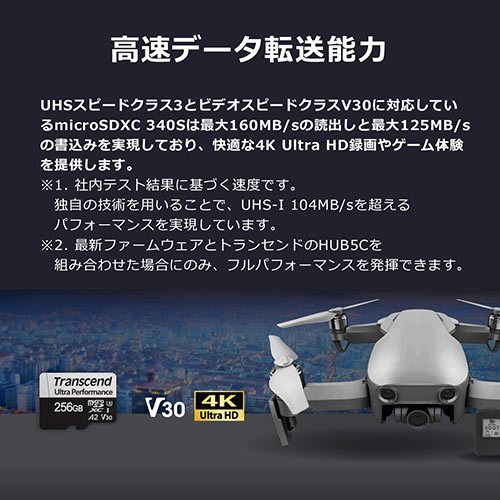 microSDXCカード（256GB・Transcend・Class10・UHS-I・U3・A2・V30・ゲーミング・SDカード変換アダプタ）TS256GUSD340S