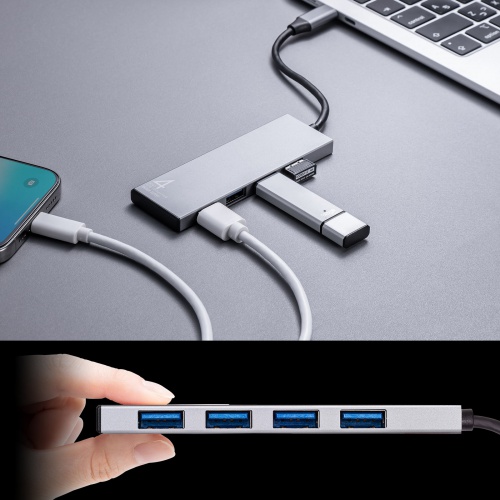 USB TypeC ハブ（4ポート・USB A×4ポート・ケーブル一体型・USB3.2 Gen2対応・10Gbps高速対応・アルミ放熱・Windows・Mac・iPad・Chromebook）