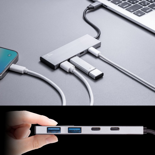 USB TypeC ハブ（4ポート・A×2 C×2・ケーブル一体型・USB3.2Gen2対応・10Gbps高速対応・アルミ放熱・Windows・Mac・iPad・Chromebook）