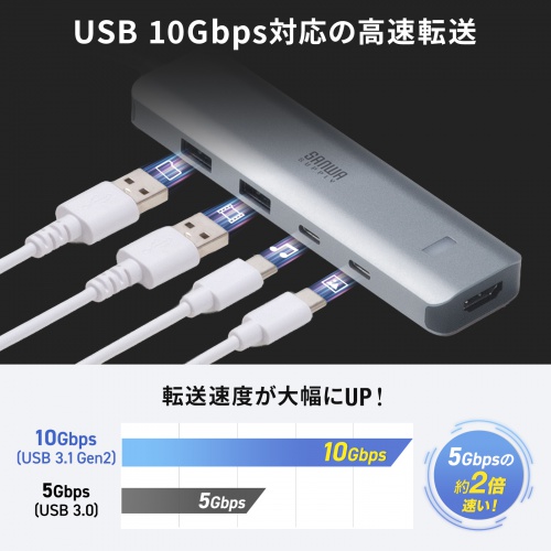 USB Type-C ハブ（HDMI・8K30Hz/4K120Hz対応・5in1・USB 10Gbps・PD100W入力・PD85W給電・接続見える化・シルバー）