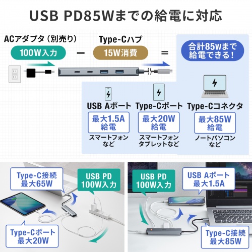 USB Type-C ハブ（HDMI・8K30Hz/4K120Hz対応・5in1・USB 10Gbps・PD100W入力・PD85W給電・接続見える化・シルバー）