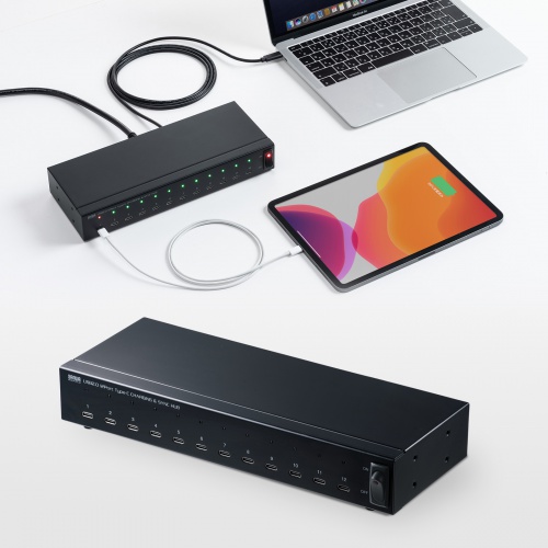 Type-C 12ポートハブ（USB2.0・セルフパワー・エコモード搭載・同期・デイジーチェーン・充電・約1.8m・スマホ・タブレット・ブラック）