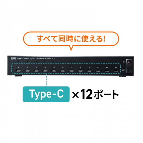 Type-C 12ポートハブ（USB2.0・セルフパワー・エコモード搭載・同期・デイジーチェーン・充電・約1.8m・スマホ・タブレット・ブラック）