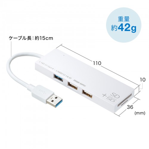 USB3.1+2.0コンボハブ（カードリーダー付き・3ポート・ホワイト）