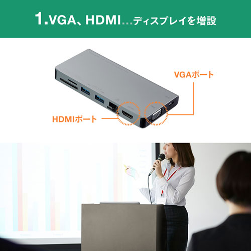 USB Type-C ドッキングハブ（VGA・HDMI・LANポート・SDカードリーダー付き）