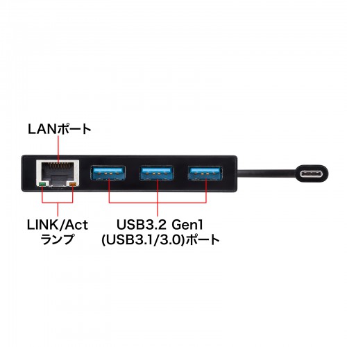 USBハブ付き ギガビットLANアダプタ（USB Type-C搭載パソコン用・3ポート・USB3.2 Gen1・バスパワー・ブラック）