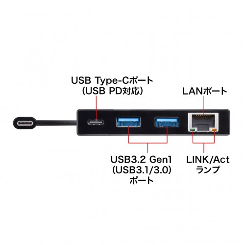 LANアダプタ（Type-C・ギガビット・3ポート・USBハブ・セルフパワー・バスパワー・ブラック） USB-3TCH20BK サンワサプライ