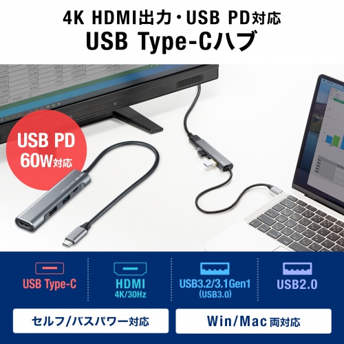 ドッキングステーション（タイプC・HDMI・充電対応） USB-3TCH37GM サンワサプライ
