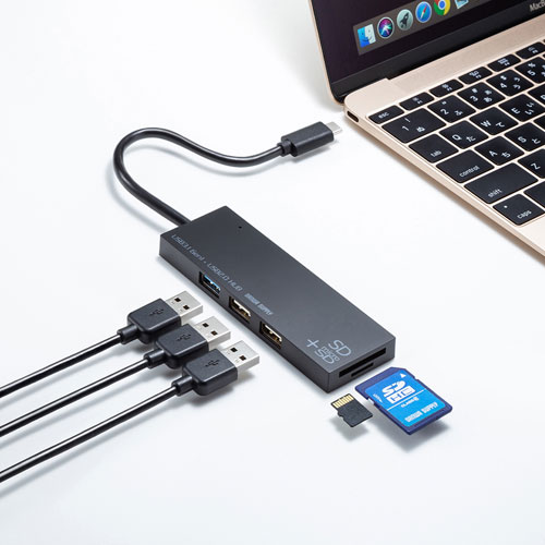 USBハブ （USBCハブ ・カードリーダー付き・3ポート・iPad Pro M4・iPad Air M2・ブラック) USB-3TCHC16BK サンワサプライ