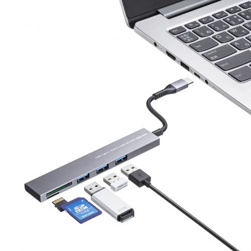 USBハブ（Type C接続・3ポート・スリムハブ・カードリーダー付・アルミ・ナイロンメッシュ） USB-3TCHC20MS サンワサプライ