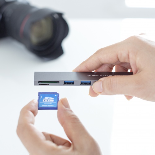 USBハブ（Type C接続・3ポート・スリムハブ・カードリーダー付・アルミ・ナイロンメッシュ） USB-3TCHC20MS サンワサプライ