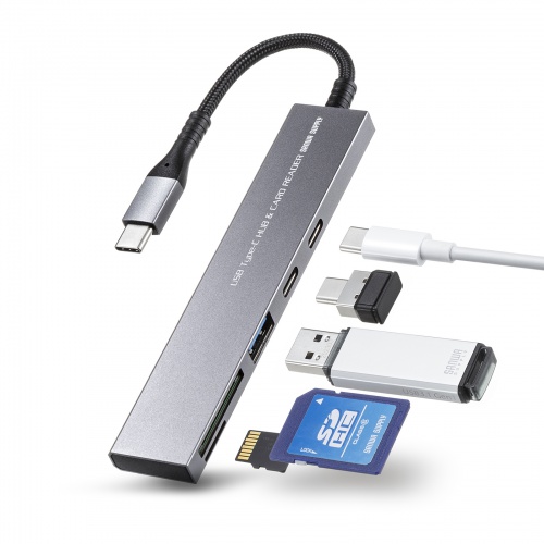 USBハブ（タイプCハブ・USB・Type C ・スリムハブ・カードリーダー付・アルミ・ナイロンメッシュ） USB-3TCHC22MS サンワサプライ