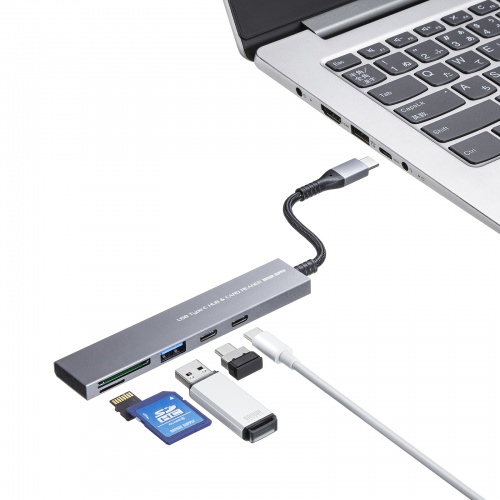 USBハブ（タイプCハブ・USB・Type C ・スリムハブ・カードリーダー付・アルミ・ナイロンメッシュ） USB-3TCHC22MS サンワサプライ