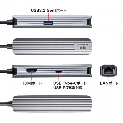 USB Type-Cマルチ変換アダプタ（HDMI・LAN・USB Type-C・PD充電対応・USB3.2 Gen1ポート付き・ロングケーブル1m） USB-3TCHLP7S-1 サンワサプライ