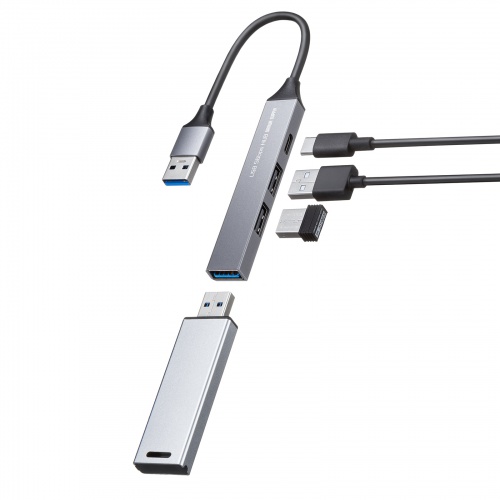 USBハブ（USB  A接続・USB A・3ポート・Type-C・1ポート・USB 5Gbps・USB2.0・スリムハブ・アルミ）